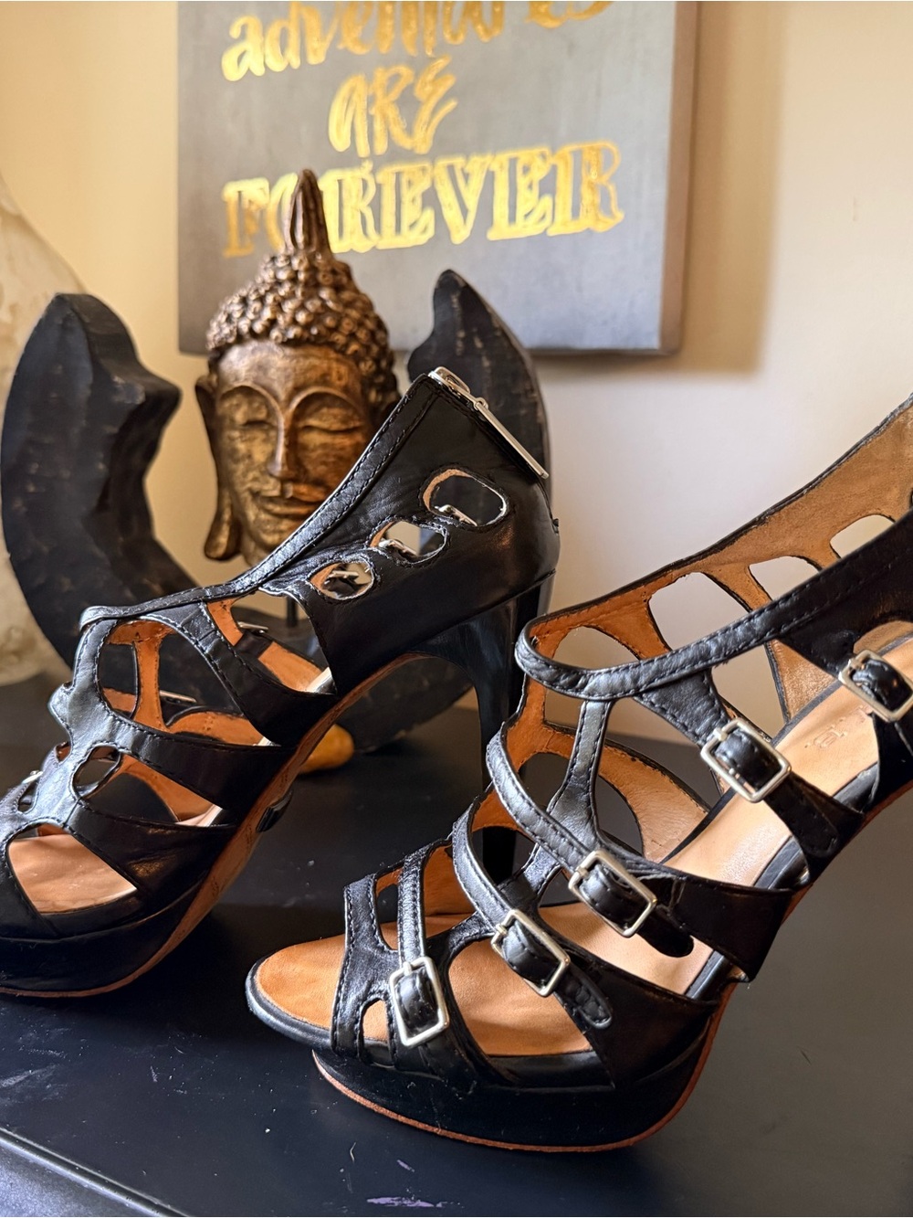 L.A.M.B. Black Multi-Strap Buckle High Heel Sandals
